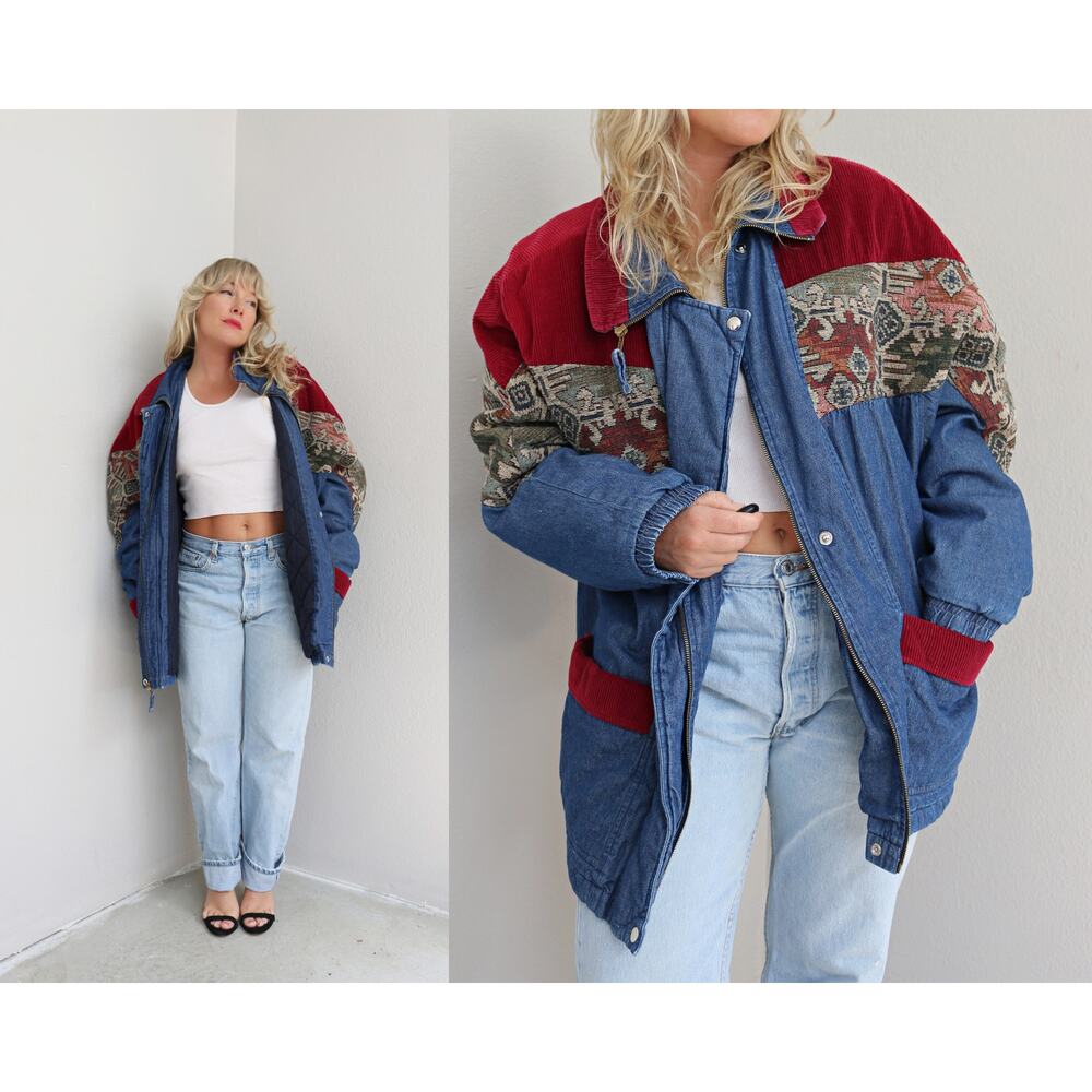 1990's Vintage Blair Corduroy & Tapestry Denim Puff Parka ~ Women's LG XL XXL